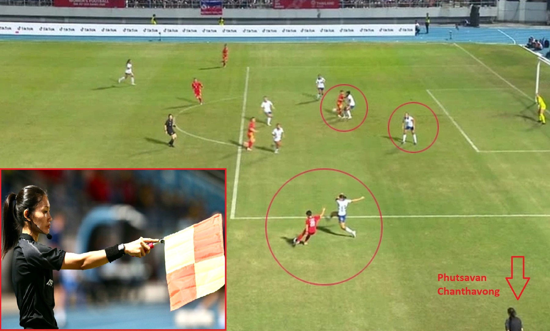 Trợ l&yacute; trọng t&agrave;i người L&agrave;o c&oacute; g&oacute;c quan s&aacute;t rất thuận lợi nhưng lại bắt lỗi việt vị b&agrave;n thắng của Nữ Việt Nam