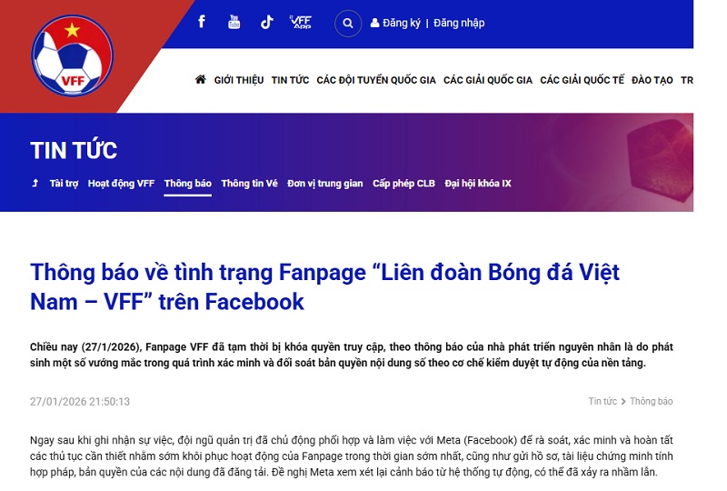 Fanpage bất ngờ &lsquo;bay m&agrave;u&rsquo;, VFF ph&aacute;t đi th&ocirc;ng b&aacute;o khẩn ngay trong đ&ecirc;m - Ảnh 1